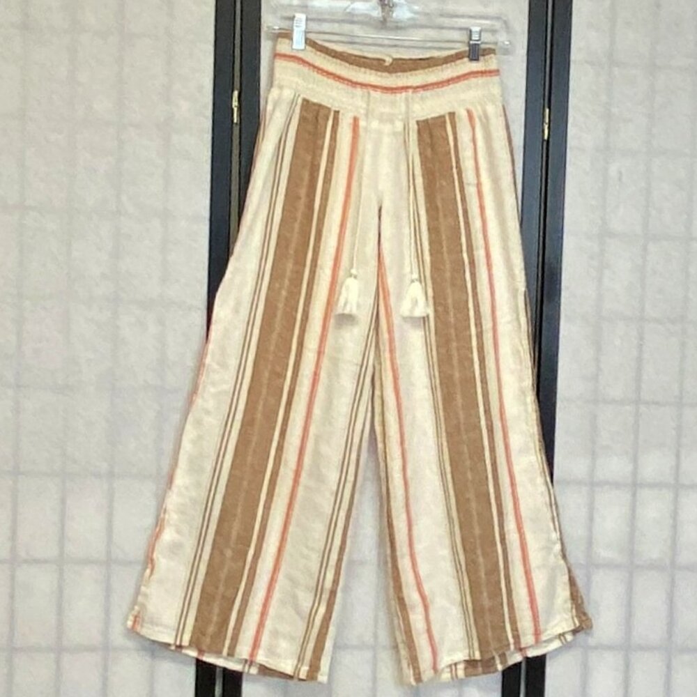 Vanilla Star Linen Gauze Flyaway Palazzo Pants M Wide Waist Split Sides Stripe